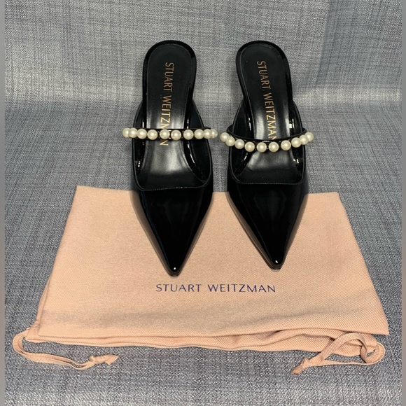 Stuart Weitzman Goldie 100 Women's Black Patent Leather Pearl Pump Mule Size 9 - Picture 6 of 8